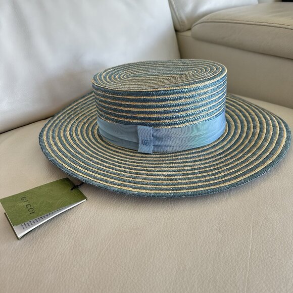 NWT GUCCI BLUE STRAW STRIPED HAT BOATER 100% Authentic Size M - Picture 5 of 10